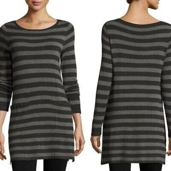 Eileen Fisher Black And Gray‎ Striped Knit Pockets Sweater Dress Tunic Size XXS - Picture 1 of 9